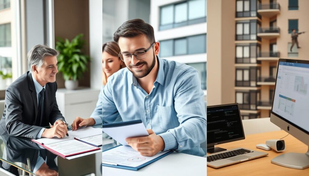 Hausverwalter bei der Arbeit: Besprechung mit Eigentümern, Inspektion einer Immobilie und Bearbeitung von Dokumenten