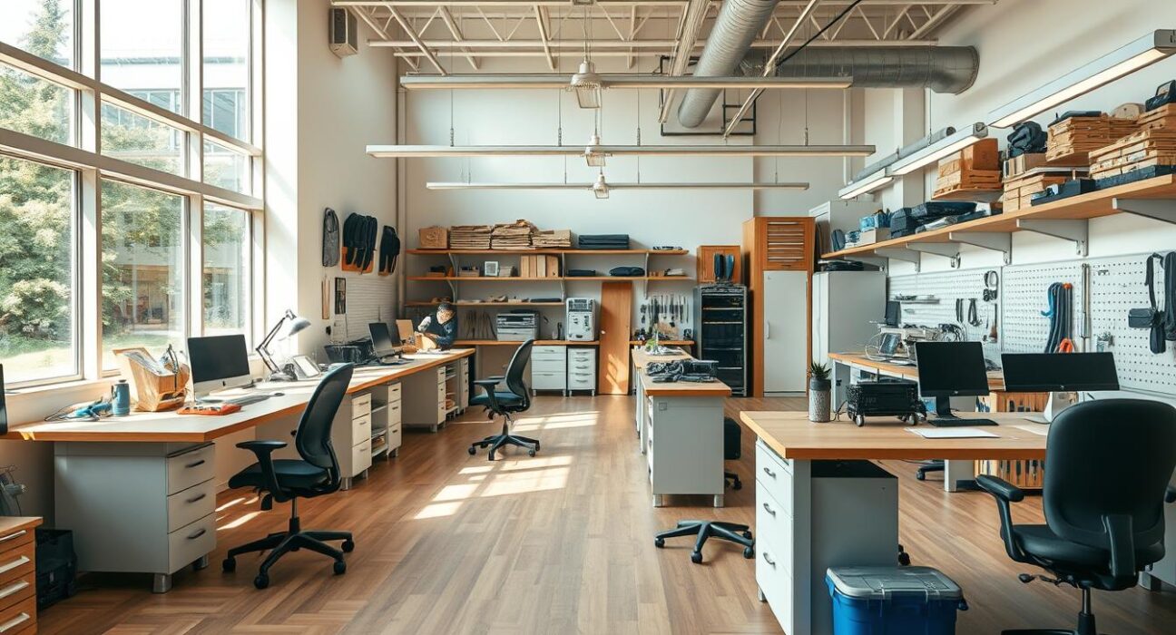 Moderne Werkstatteinrichtung mit ergonomischen Arbeitsplätzen