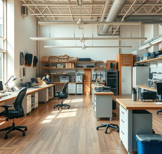 Moderne Werkstatteinrichtung mit ergonomischen Arbeitsplätzen