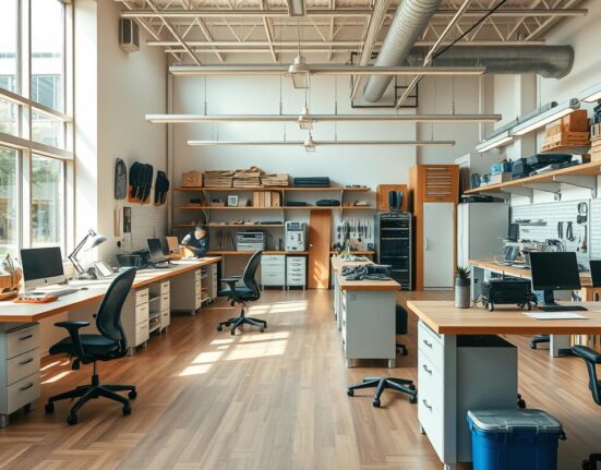 Moderne Werkstatteinrichtung mit ergonomischen Arbeitsplätzen