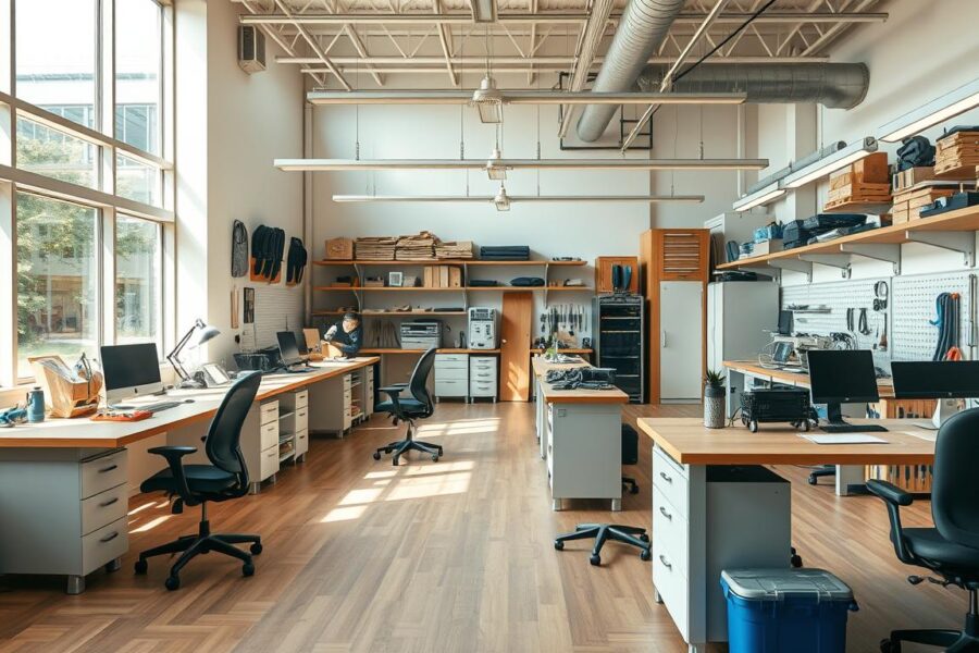 Moderne Werkstatteinrichtung mit ergonomischen Arbeitsplätzen