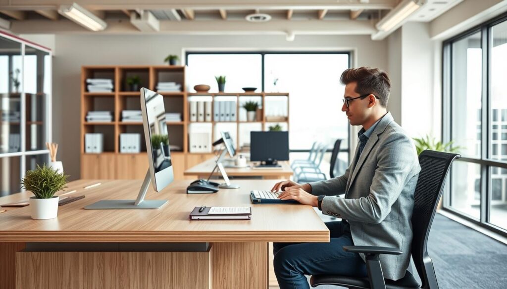 Ergonomischer Arbeitsplatz mit Stauraumlösungen