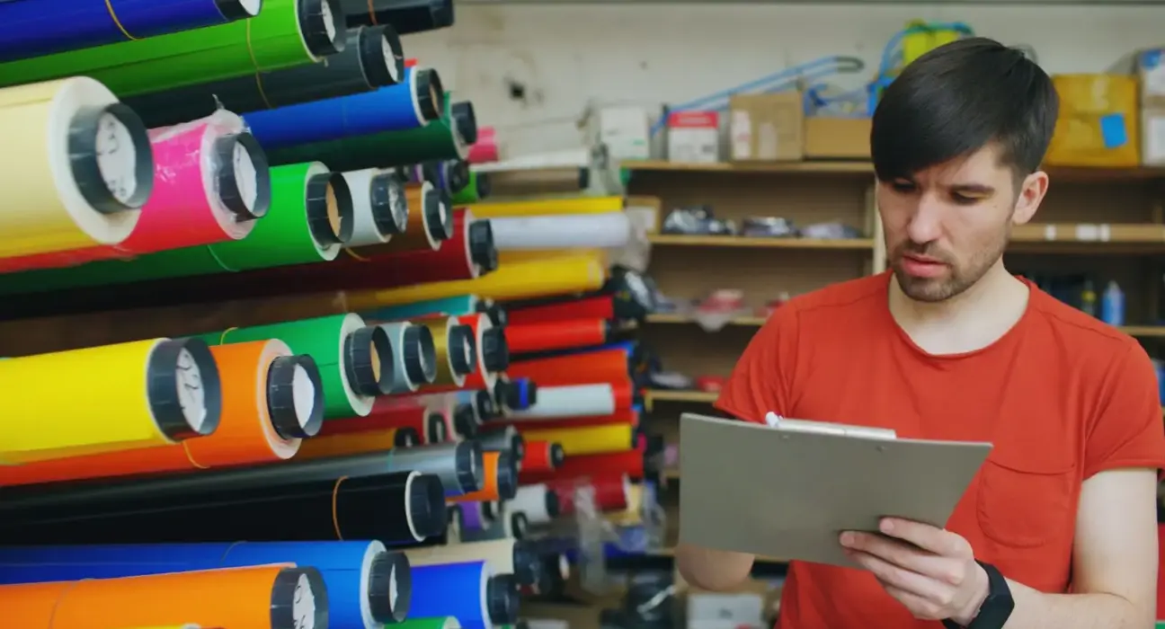 Mitarbeiter zählt Materialrollen bei der Inventur in einem kleinen Betrieb