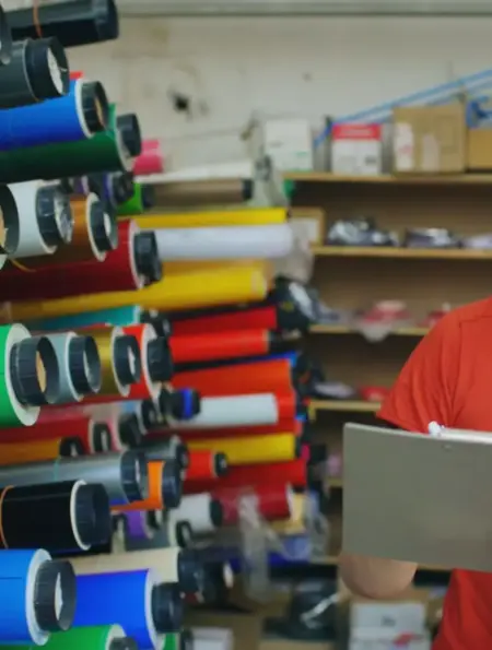 Mitarbeiter zählt Materialrollen bei der Inventur in einem kleinen Betrieb