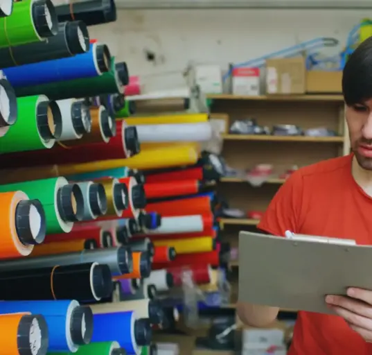 Mitarbeiter zählt Materialrollen bei der Inventur in einem kleinen Betrieb