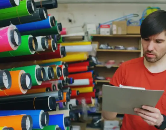 Mitarbeiter zählt Materialrollen bei der Inventur in einem kleinen Betrieb