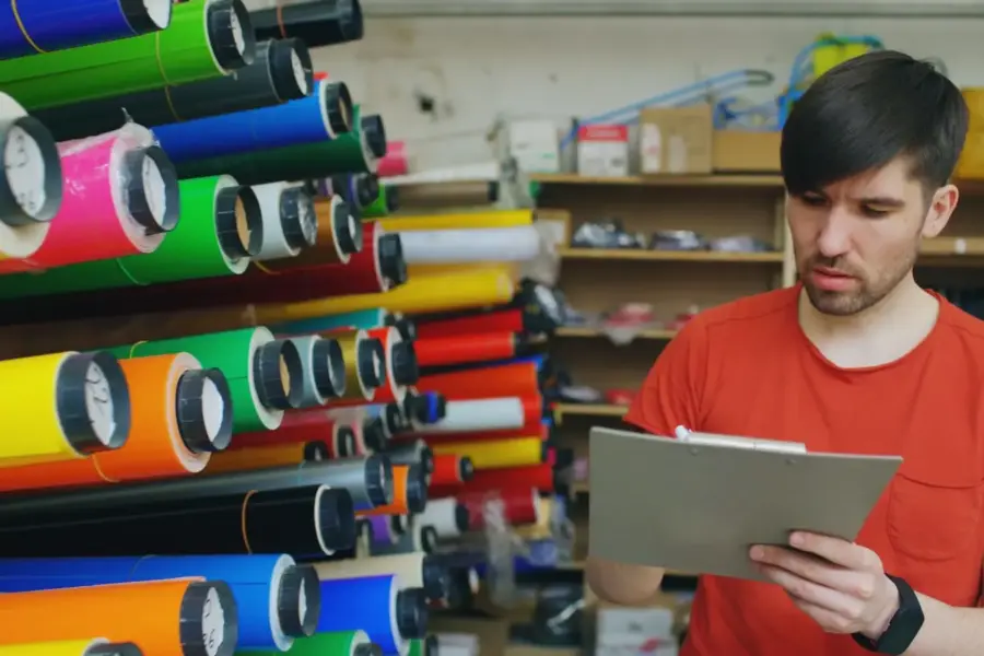 Mitarbeiter zählt Materialrollen bei der Inventur in einem kleinen Betrieb