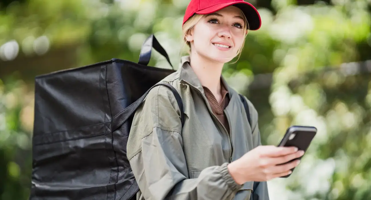 Kurierin mit Lieferucksack hält bei der Arbeit ein Smartphone in der Hand