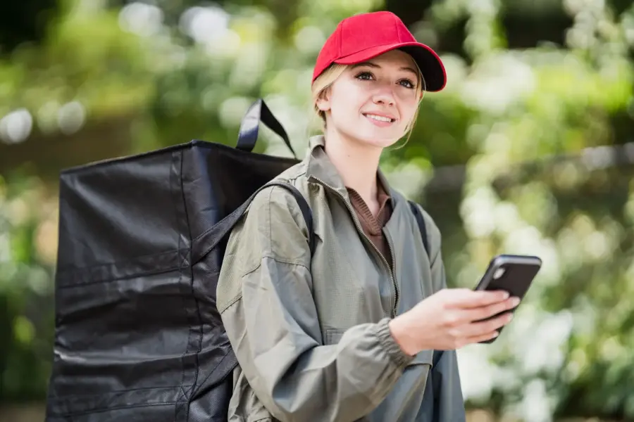 Kurierin mit Lieferucksack hält bei der Arbeit ein Smartphone in der Hand